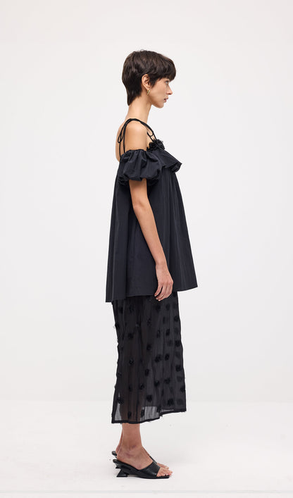 Lace Up Off Shoulder Paneled Midi Dress