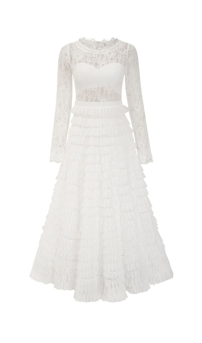 Long Sleeve Lace Mesh Midi Layered Dress