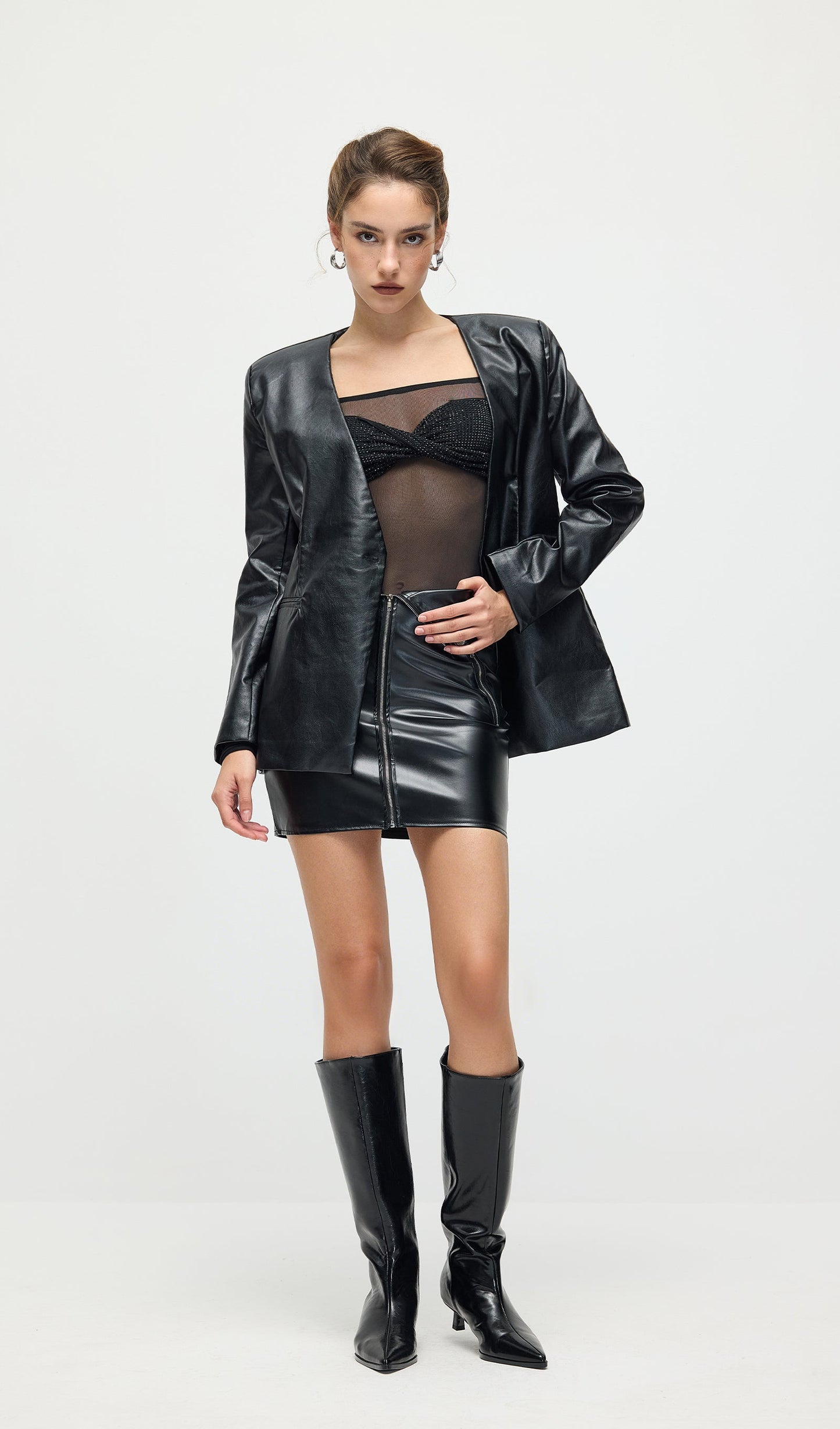 Diamante Off Shoulder Top & Leather Skirt