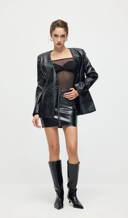 Diamante Off Shoulder Top & Leather Skirt