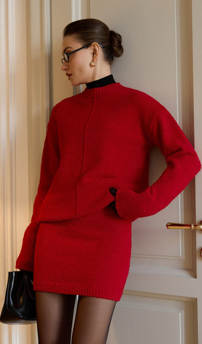 Textured Knitted Jumper & Mini Skirt Set Red