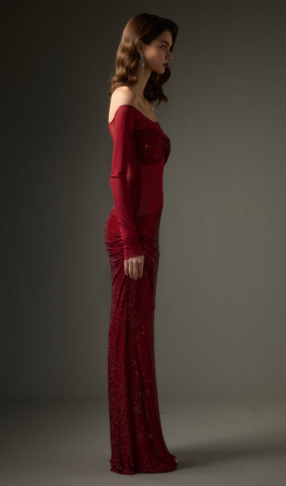 Diamante Off Shoulder Maxi Dress In Red