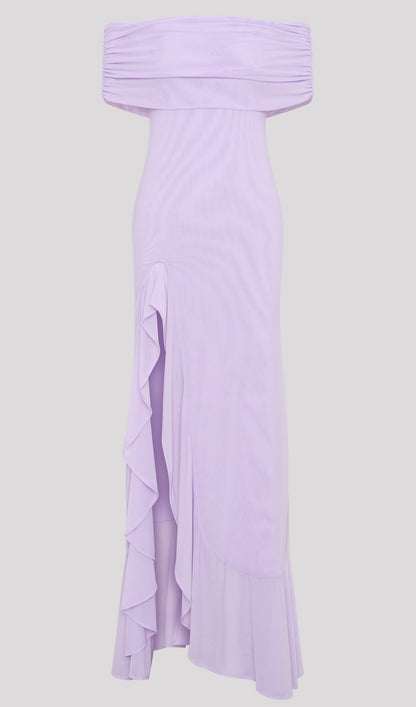 Off Shoulder Mesh Maxi Dress In Purple