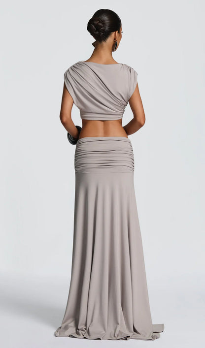 High Boat Neckline & Maxi Drape Skirt Set In Grey