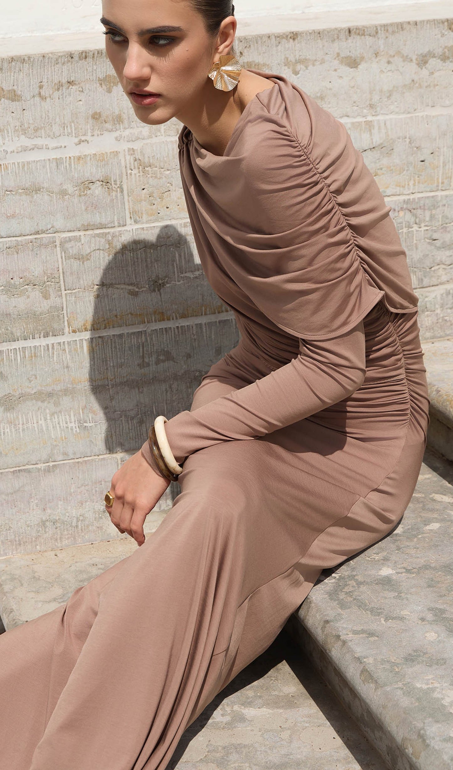 Knitted Maxi Dress With Pleats In Brown