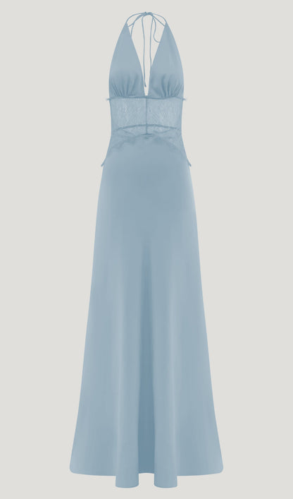 Lace And Satin Maxi Dress In Blue