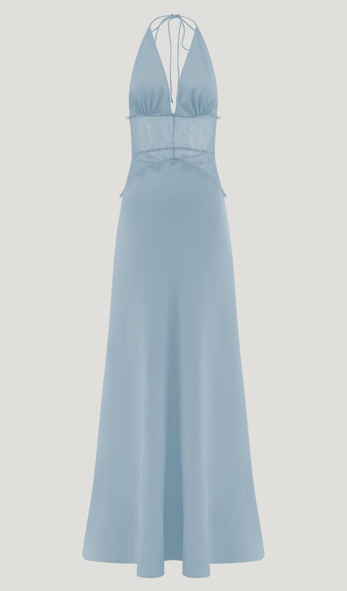 Lace And Satin Maxi Dress In Blue