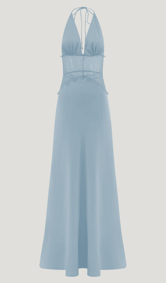 Lace And Satin Maxi Dress In Blue