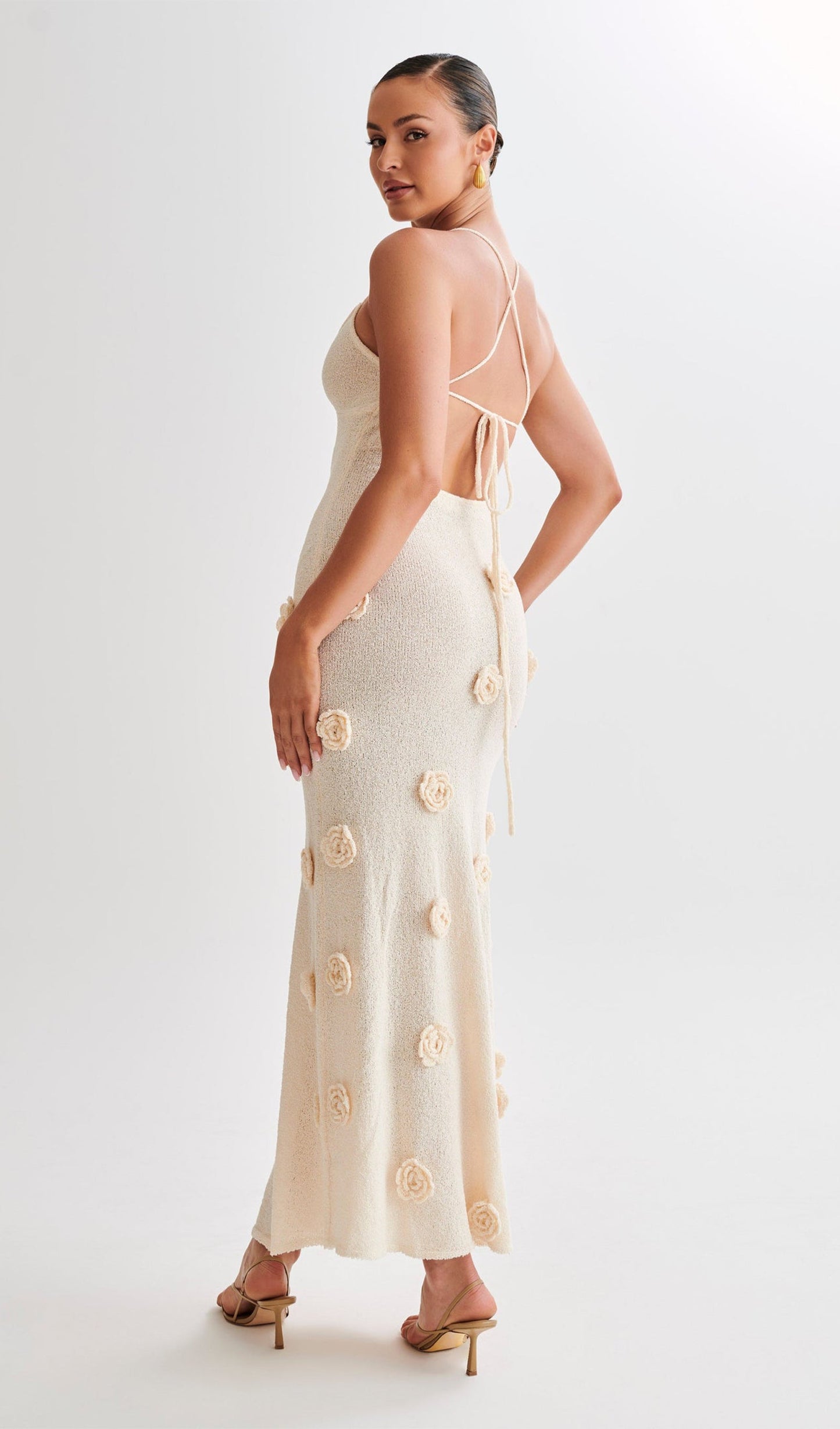 Knit Maxi Dress With Flowers-Off White