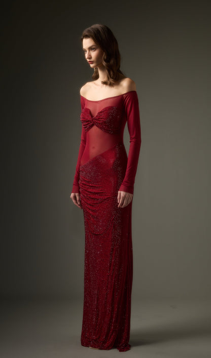 Diamante Off Shoulder Maxi Dress In Red
