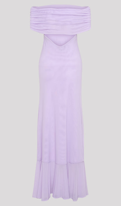 Off Shoulder Mesh Maxi Dress In Purple