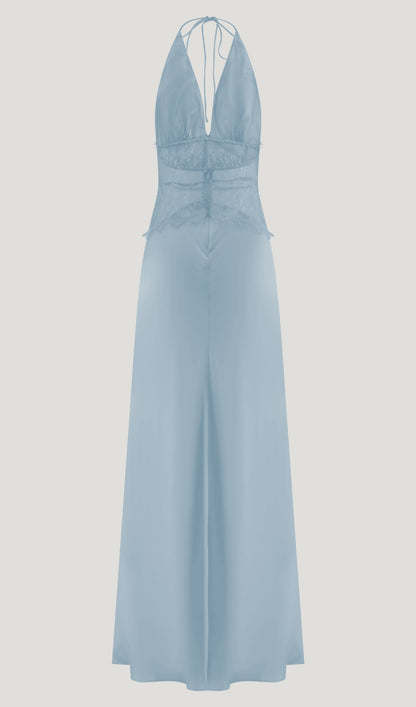 Lace And Satin Maxi Dress In Blue