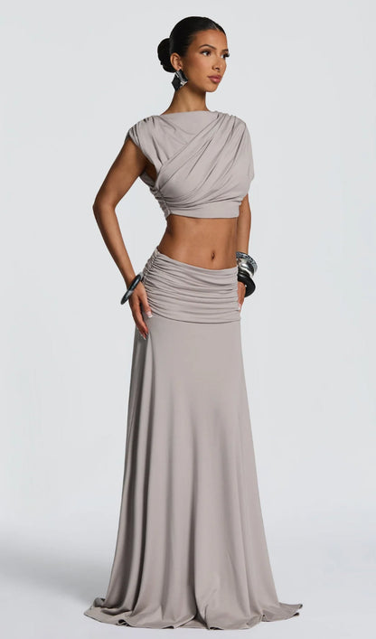 High Boat Neckline & Maxi Drape Skirt Set In Grey