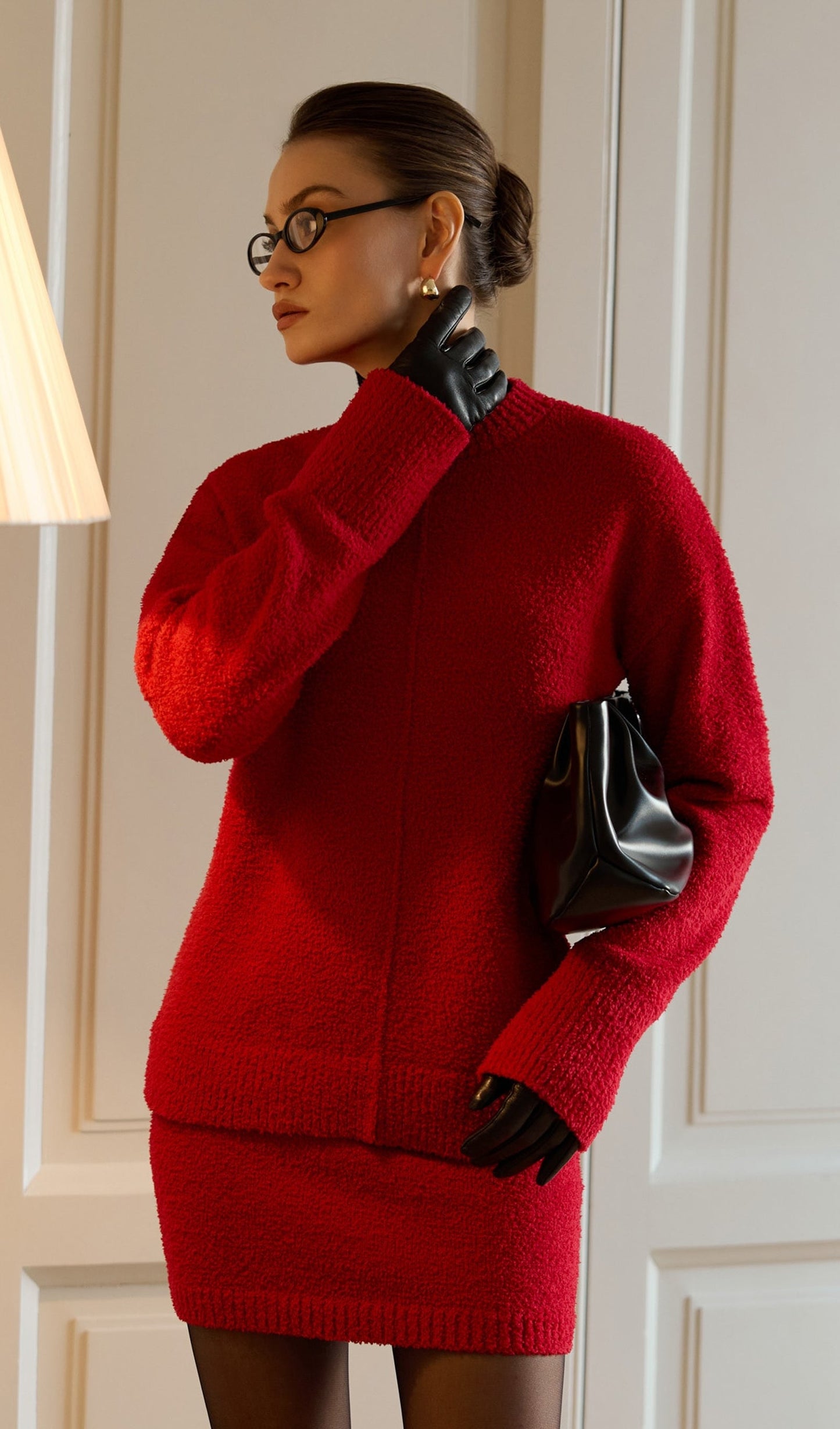 Textured Knitted Jumper & Mini Skirt Set Red