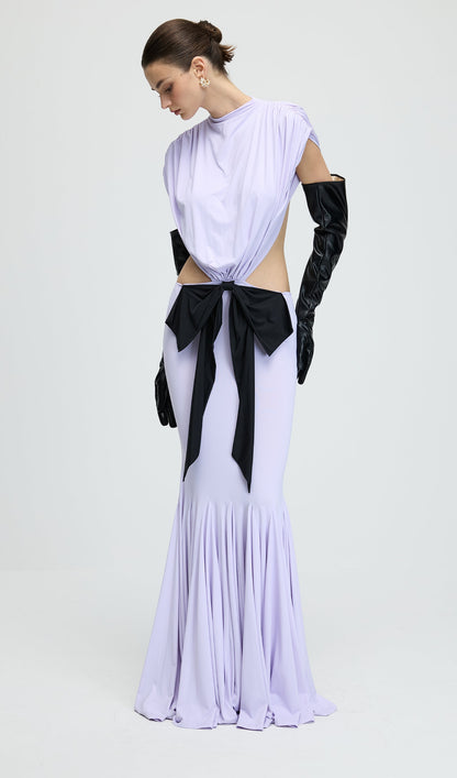 Jersey  Cut Out Detail Bow Maxi Dress In Purple