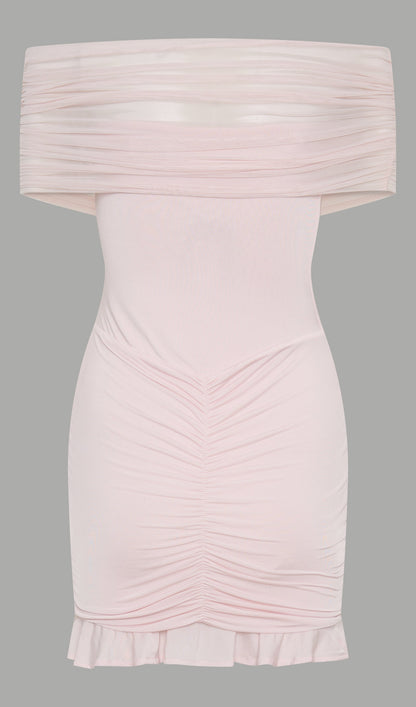 Slinky And Mesh Off Shoulder Mini Dress In Pale Pink