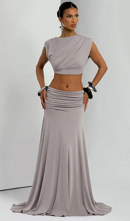 High Boat Neckline & Maxi Drape Skirt Set In Grey