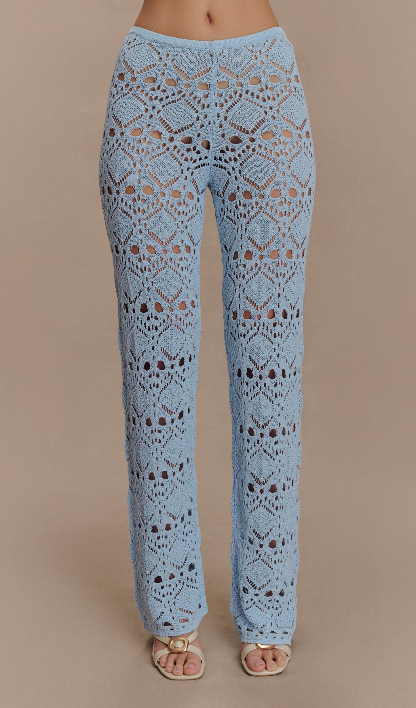 Bandage Knit Top & Crochet Knit Pants In Blue