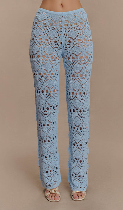 Bandage Knit Top & Crochet Knit Pants In Blue
