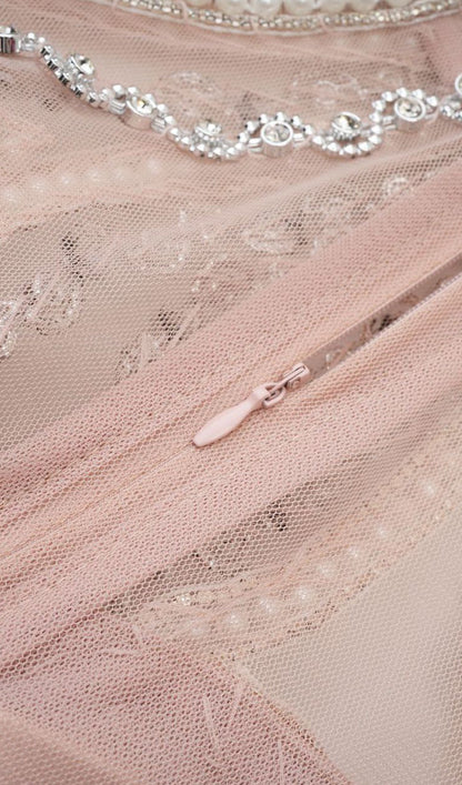 Long Sleeve Beads Pearls Mesh Maxi Layered Dress
