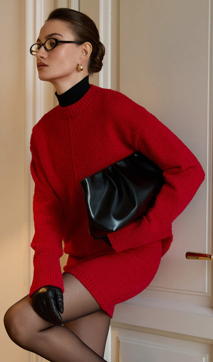 Textured Knitted Jumper & Mini Skirt Set Red