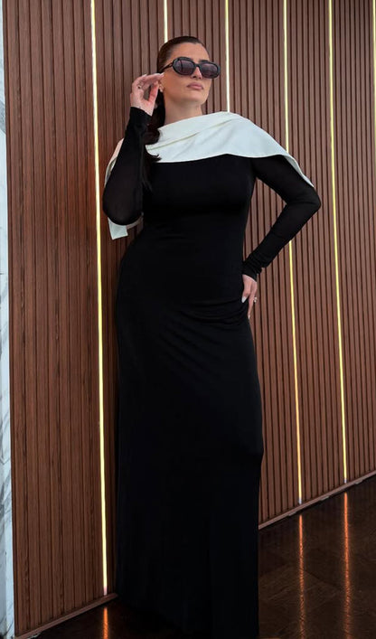 Asymmetrical Draped Shoulder Pleat Maxi Dress In Black