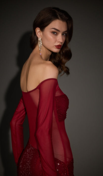 Diamante Off Shoulder Maxi Dress In Red