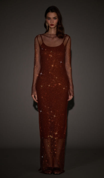 Mesh With Monochrome Maxi Dress In Coffee