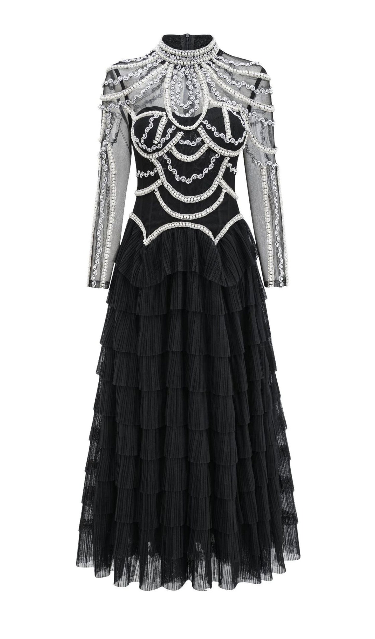Long Sleeve Beads Pearls Mesh Maxi Layered Dress