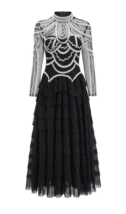 Long Sleeve Beads Pearls Mesh Maxi Layered Dress