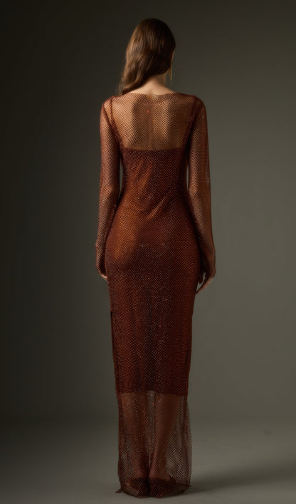 Mesh With Monochrome Maxi Dress In Coffee