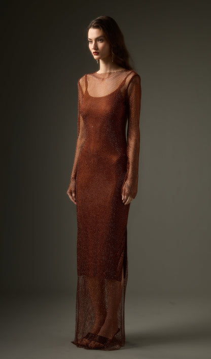 Mesh With Monochrome Maxi Dress In Coffee