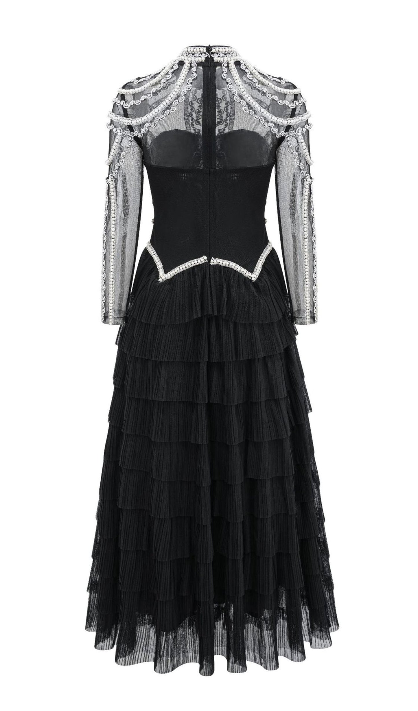Long Sleeve Beads Pearls Mesh Maxi Layered Dress