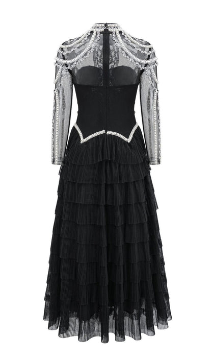 Long Sleeve Beads Pearls Mesh Maxi Layered Dress