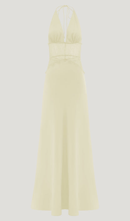 Lace And Satin Maxi Dress In Lemon