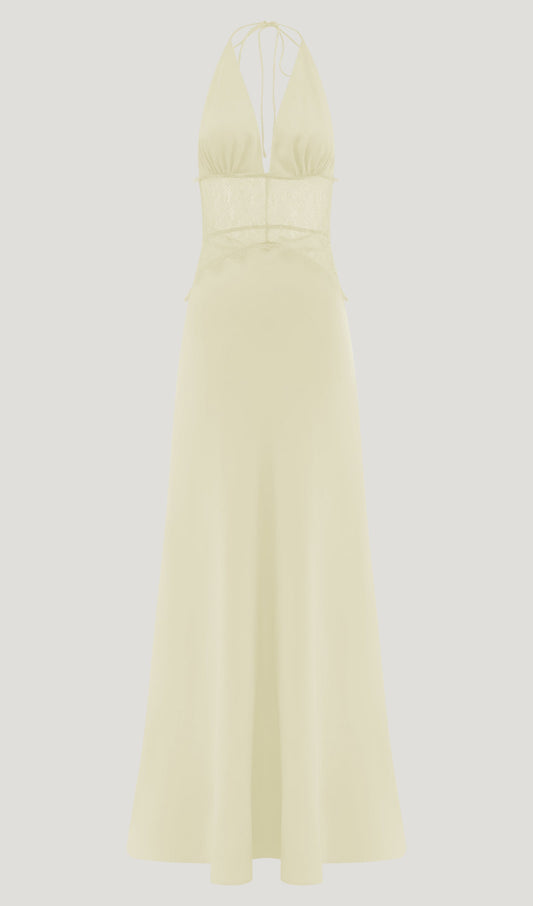 Lace And Satin Maxi Dress In Lemon