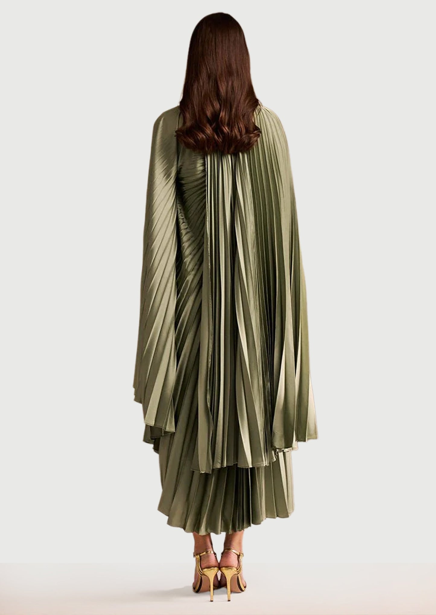 Noor Elegance Cape Pleated Satin Midi Dress
