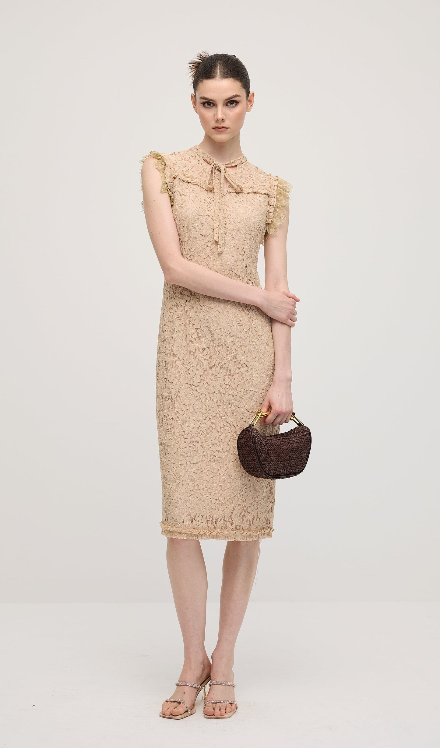 Vintage Embroidered Ruffled Lace Midi Dress