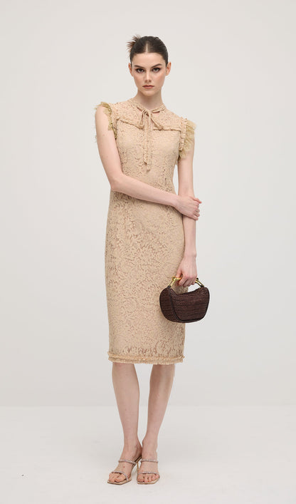 Vintage Embroidered Ruffled Lace Midi Dress