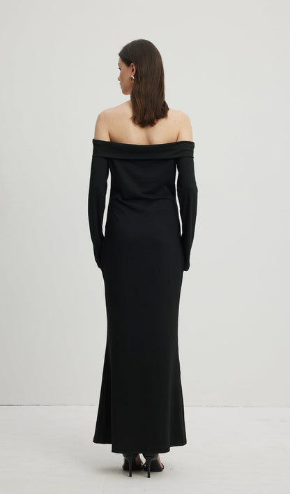 Maida Folded Neckline Maxi Dress Black