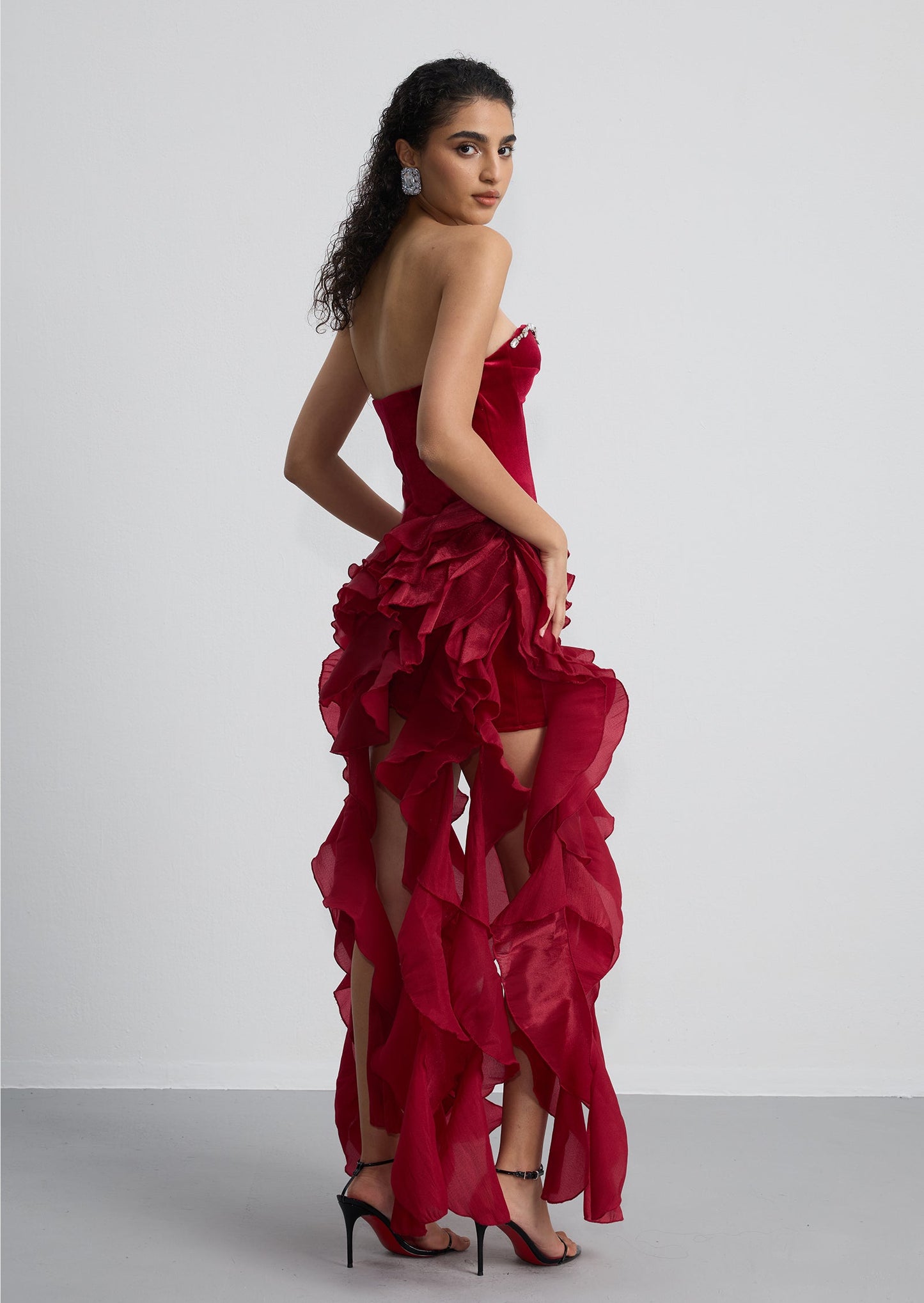 Strapless Ruffled Velvet Maxi Dress In Red