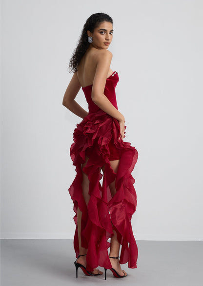 Strapless Ruffled Velvet Maxi Dress In Red
