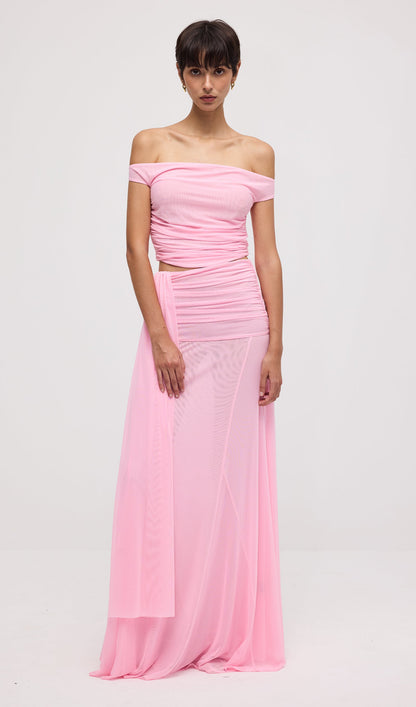 Mesh Top & Maxi Skirt In Pink