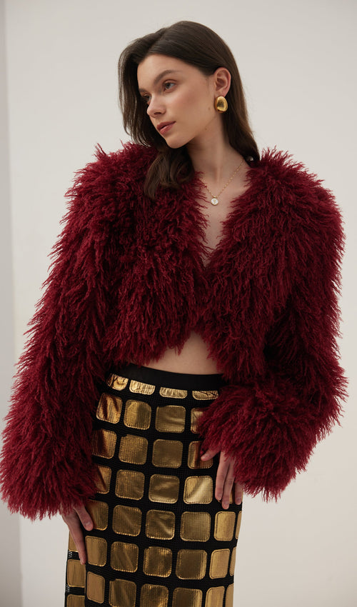 Faux Fur Jacket In Burgundy Coat