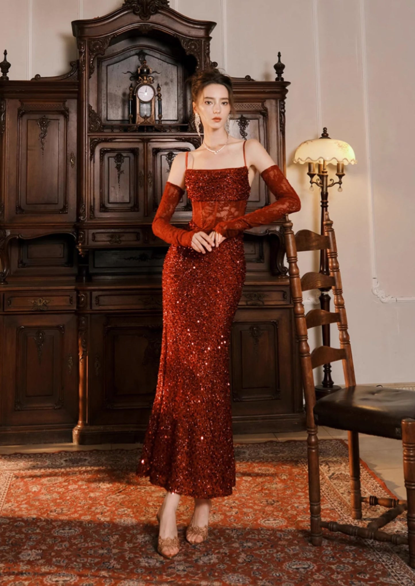 Sequin  Fishtail Hem Maxi Dress In Red