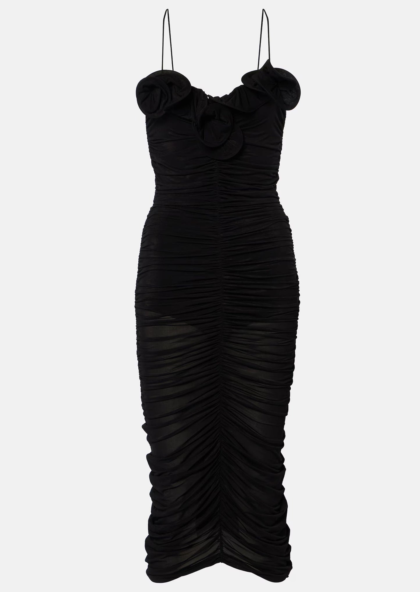 Ruffled Ruched Stretch Mesh Midi Dress
