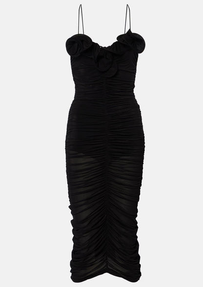 Ruffled Ruched Stretch Mesh Midi Dress