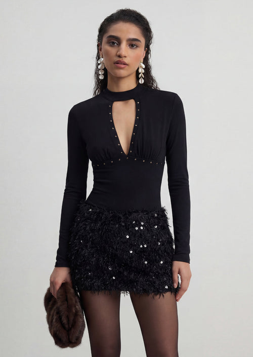 Deep V-neck Spliced Feather Sequin Mini Dress