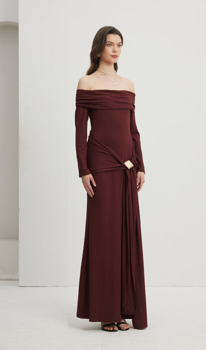 Off Shoulder Ruffle Maxi Dress Reddish Brown