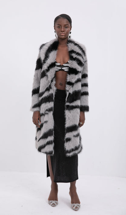 Trendy Faux Fur Zebra Print Coat